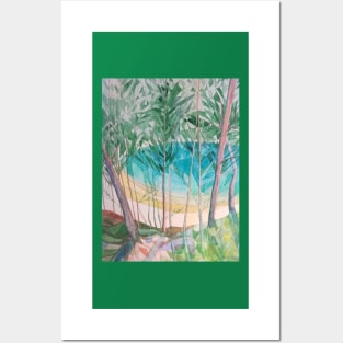 An abstract watercolour and pencil depiction of a green lake. Posters and Art